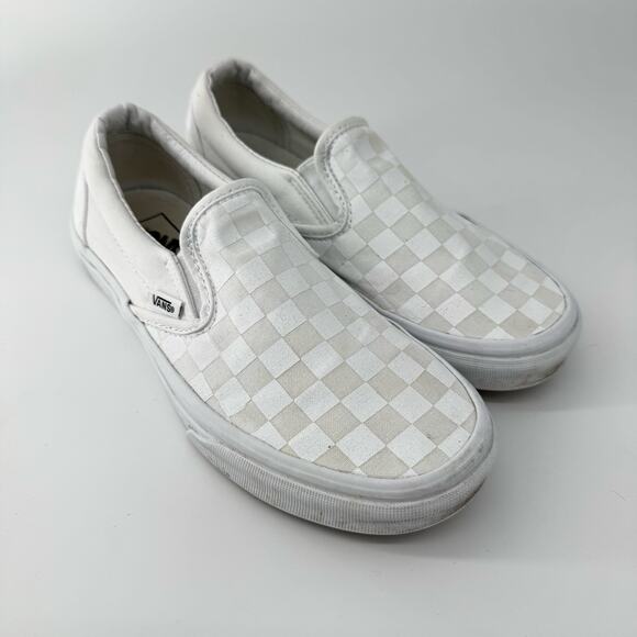 Vans Classic Checkerboard‎ Slip On All White Canvas Skate Shoes M 5.5/ W 7 - Picture 1 of 13